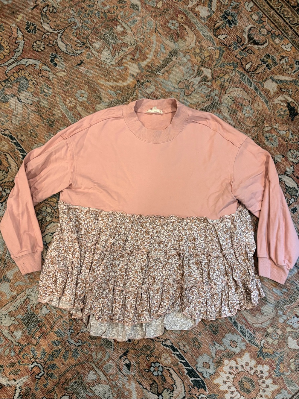 Listicle Pink Pullover Sweatshirt with Floral Ruffle High-low Hem